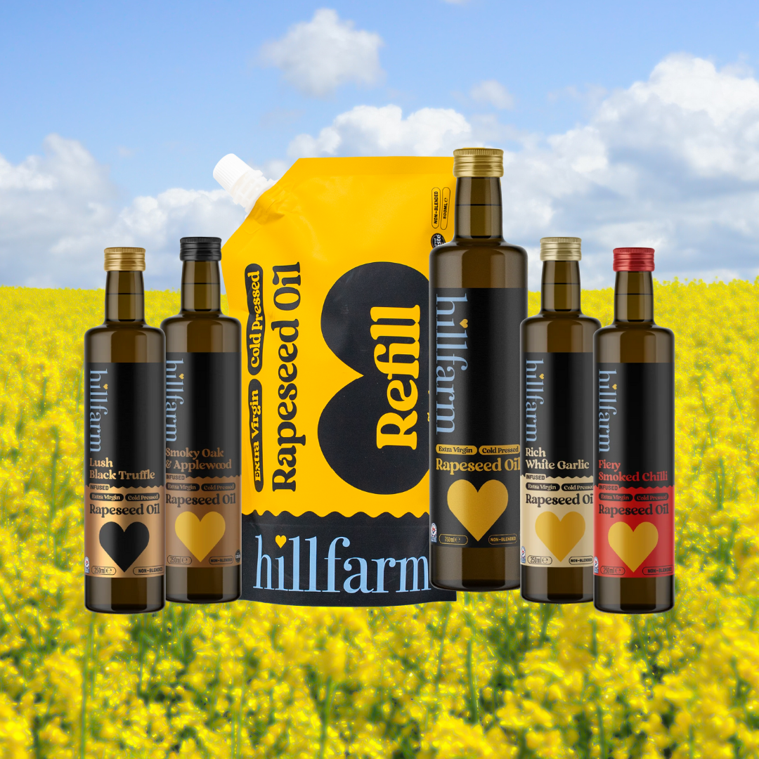 Hillfarm's British Icon's bundle, including their original cold-pressed rapeseed oil and 4 infused oils